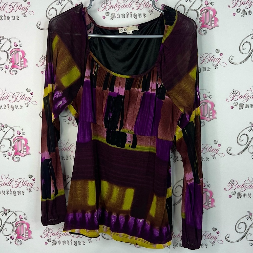 Cleo long sleeve abstract mesh squares artistic Purple and Yellow Women's Blouse